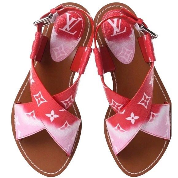 Louis Vuitton Red/Pink Escale Palma Flat Sandals Size 8 - Picture 4 of 5